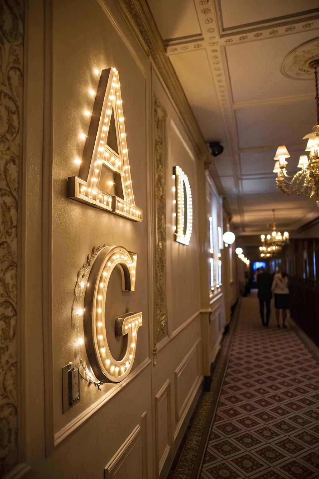 Illuminated letters create a striking night-time effect.