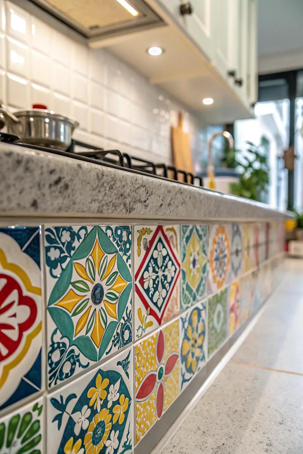 Stylistic tiles contribute color and visual interest to surfaces.