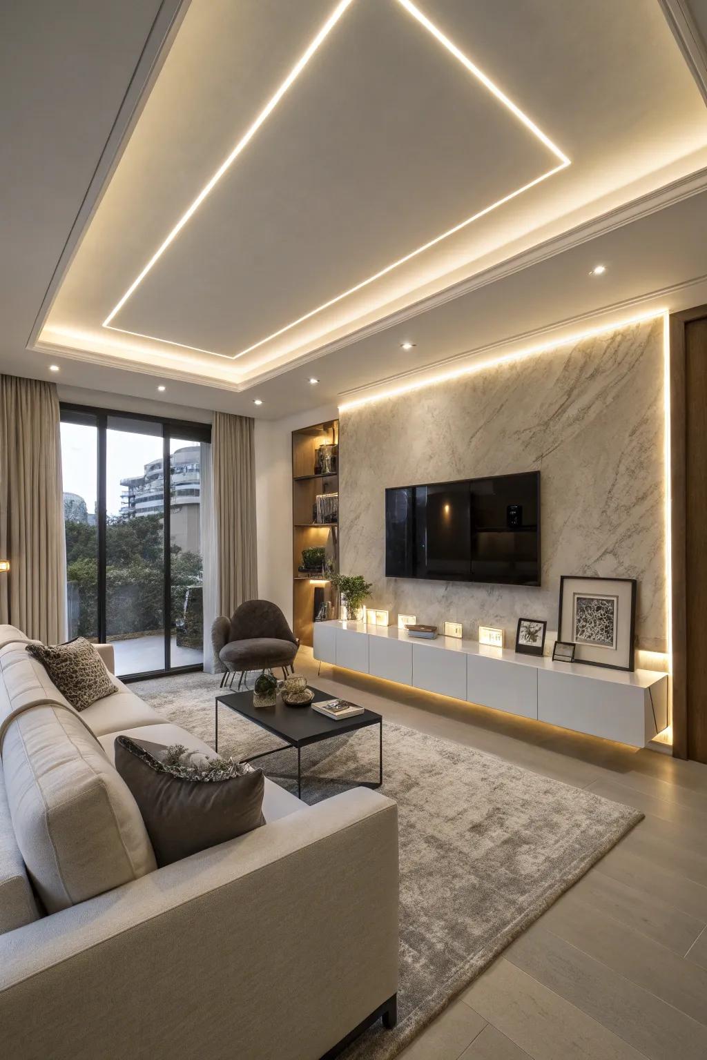 A modern living room with hidden lighting trim for subtle ambiance.