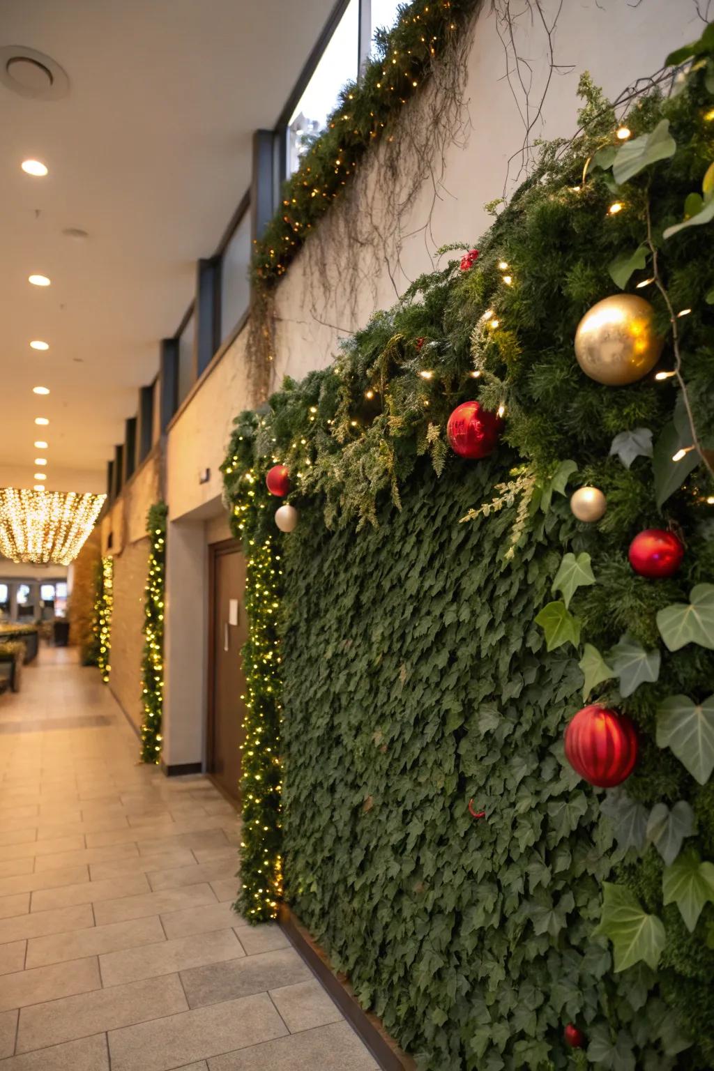 An ivy wall adorned with seasonal decorations for a festive touch.