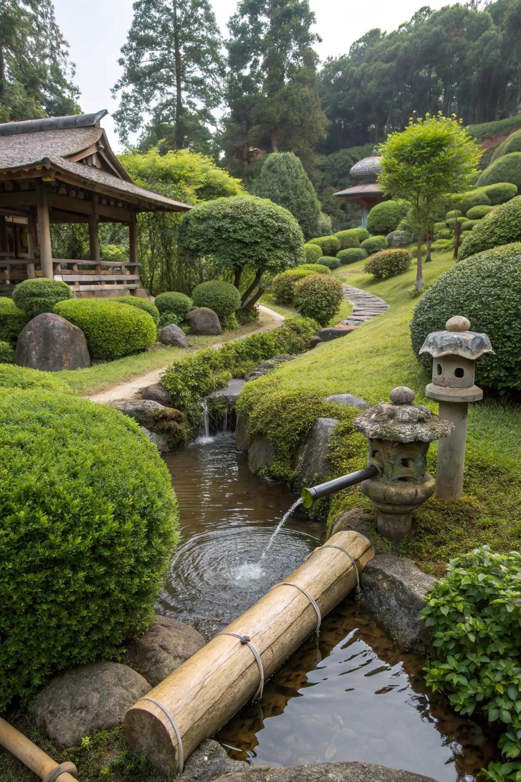 A shishi odoshi appending a rhythmic sound to the garden.