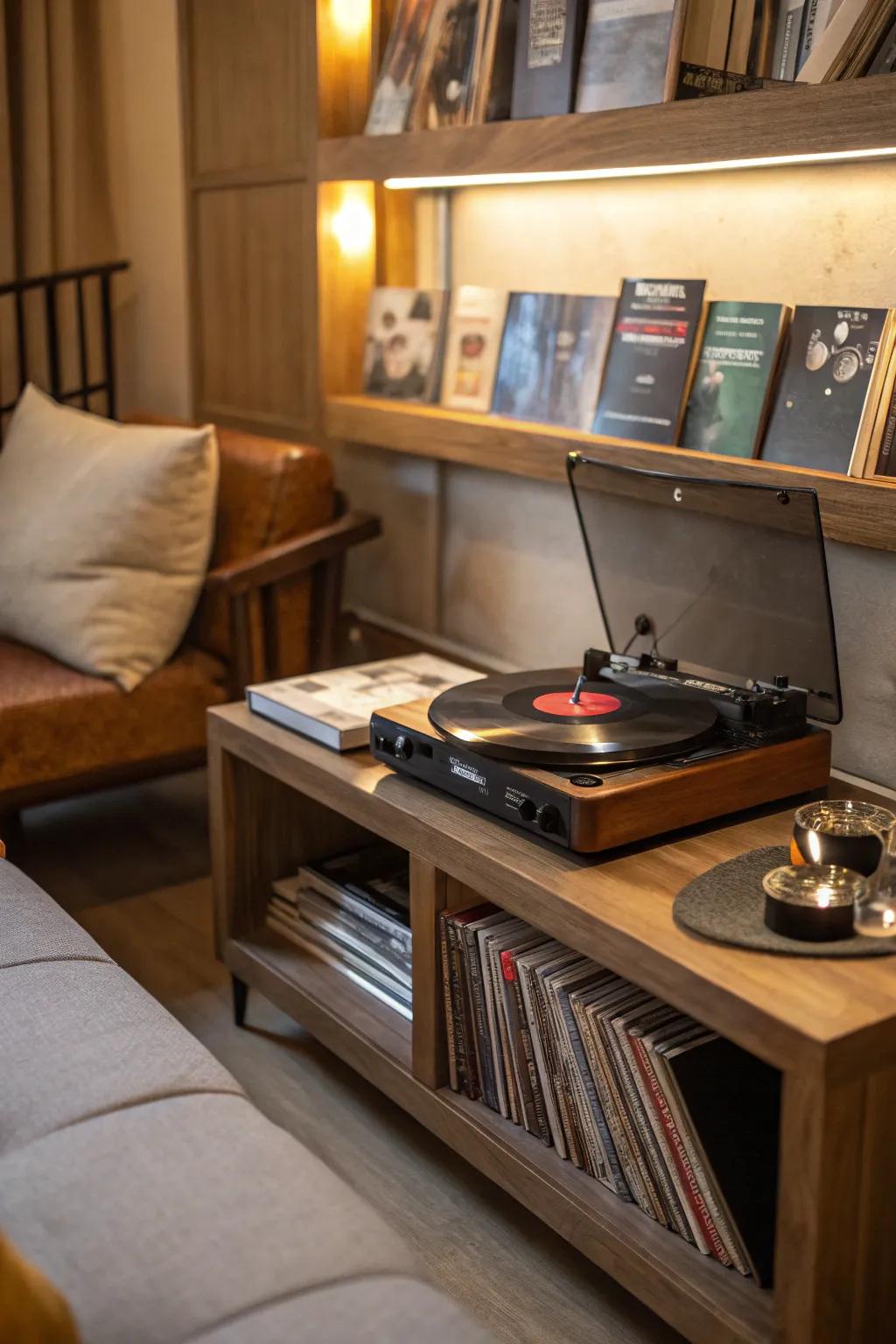 A timepiece record participant serves as both a decor piece and a functional melodic origin.