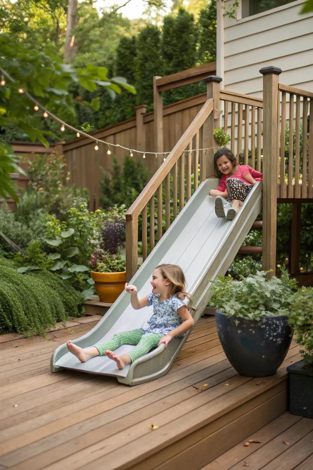 A deck featuring a small descent attached where children are sliding down joyfully.
