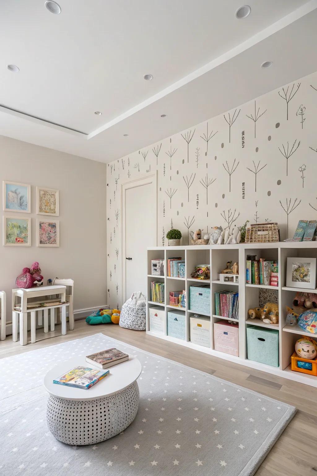 A playroom with minimalist wall covering offering an understated elegance.