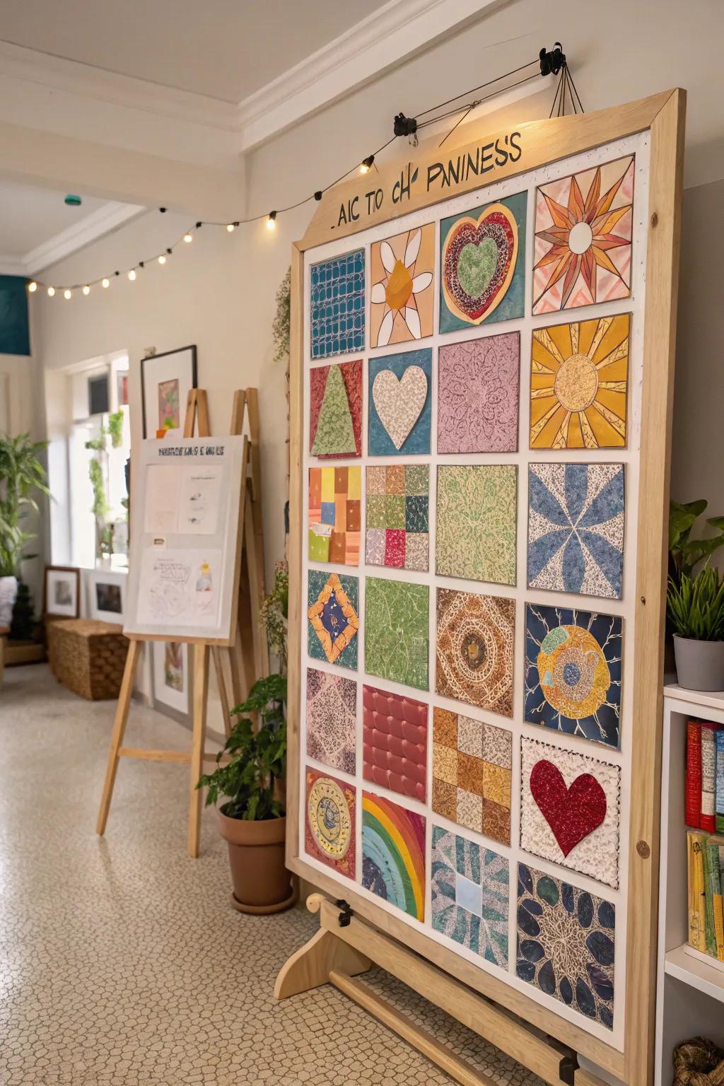 An imaginative home studio showcases a kindness artwork board featuring colorful, symbolic pieces.
