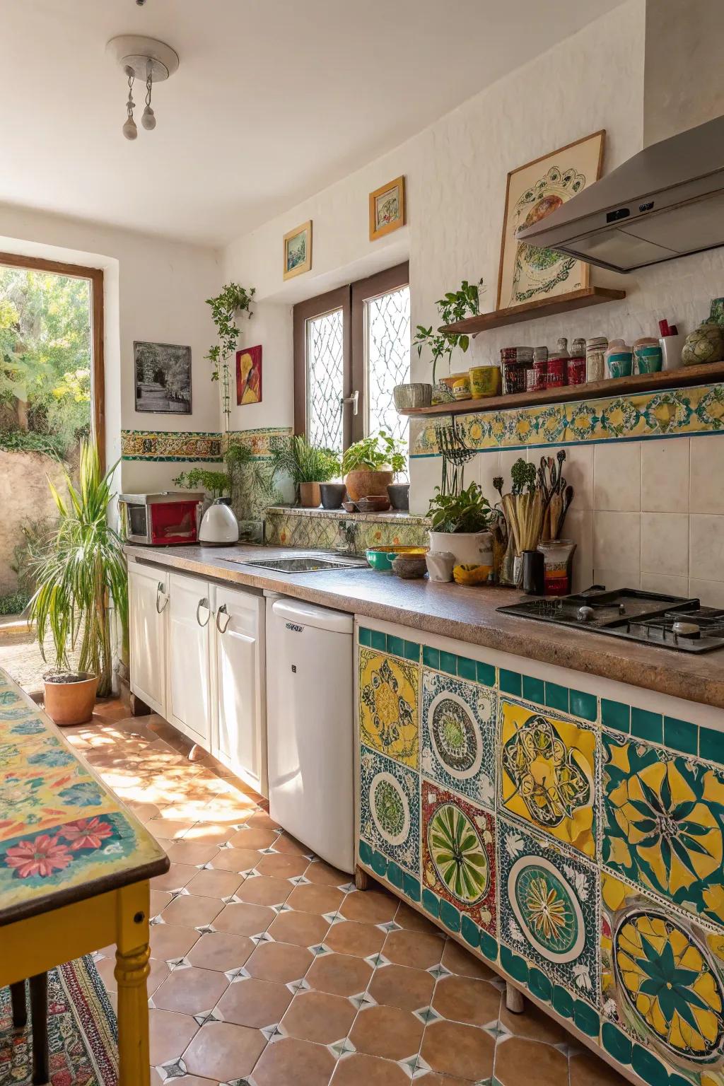 Vibrant stone tile surfaces bring vibrancy to the kitchen.