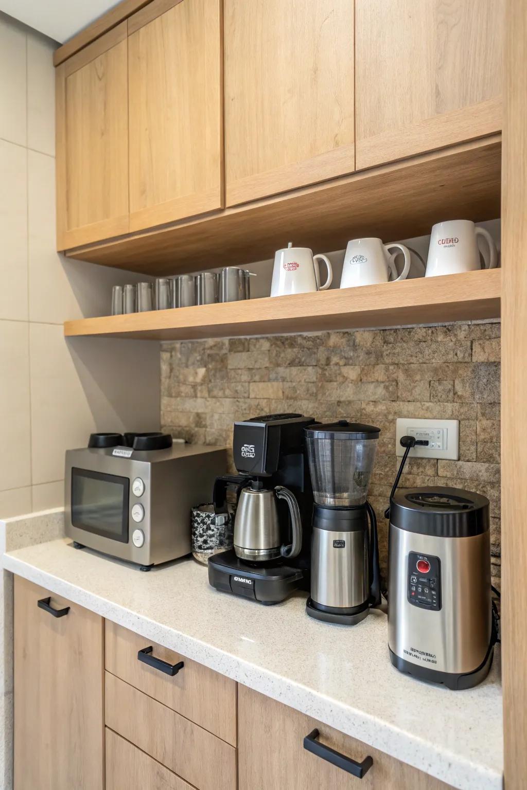 Compact appliances maximize efficiency in a small coffee station.