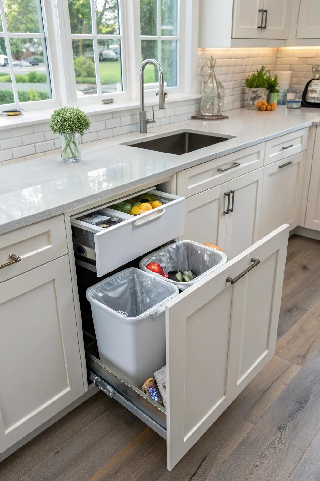 A hidden trash solution keeps kitchen spaces clean and organized.