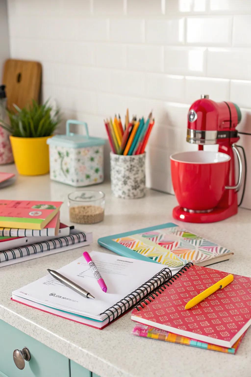 A vibrant kitchen desk featuring a strong tone.