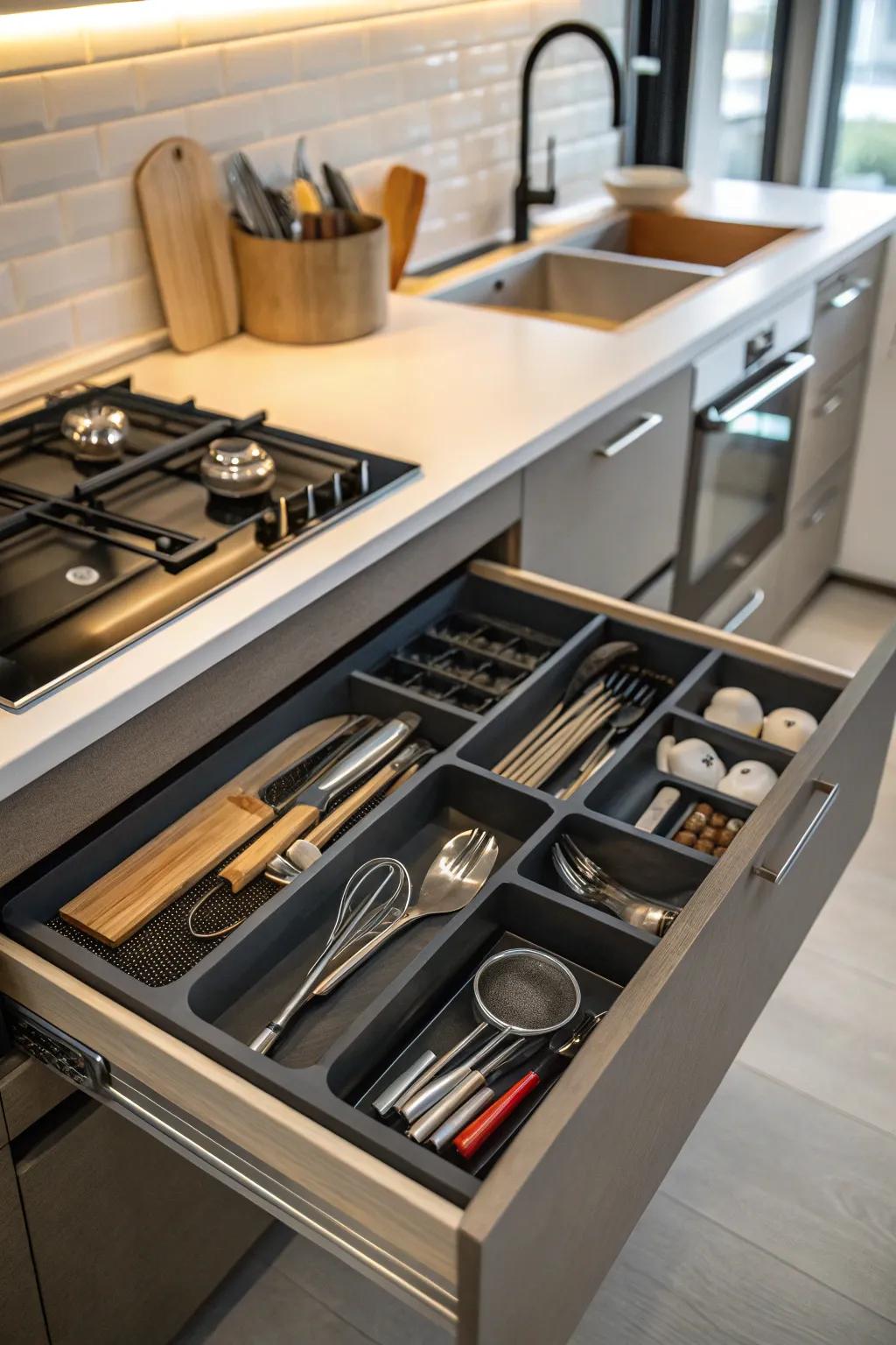 Streamline your cooking with space-efficient arrangements in your kitchen drawers.