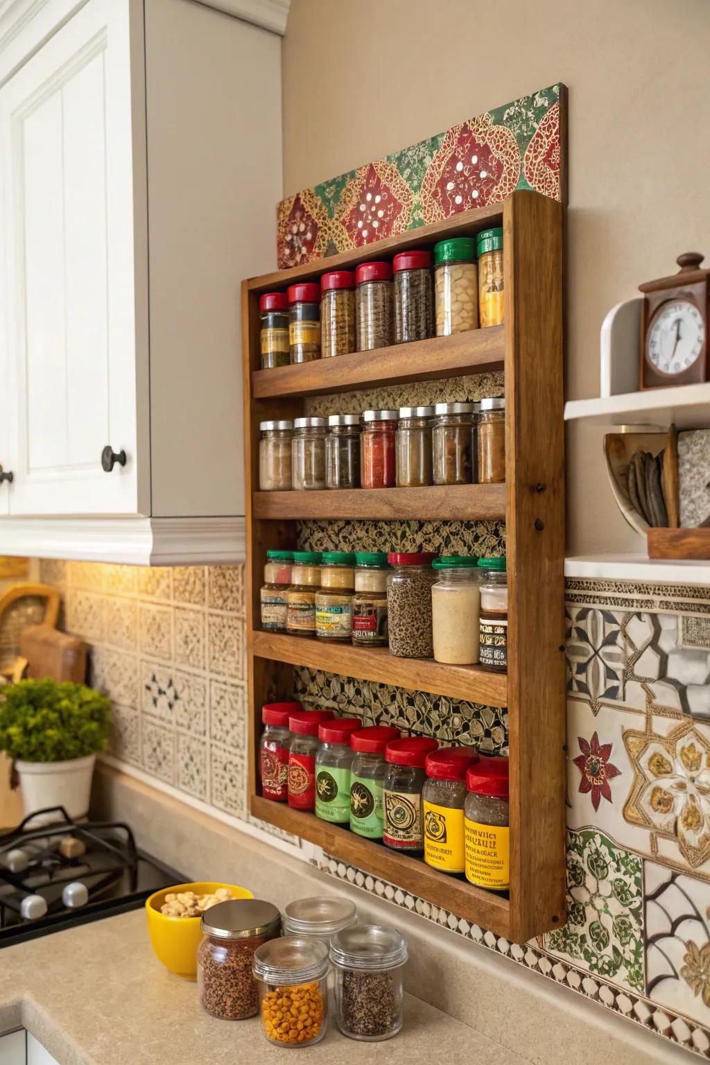 A spice rack that serves as a stunning kitchen display.