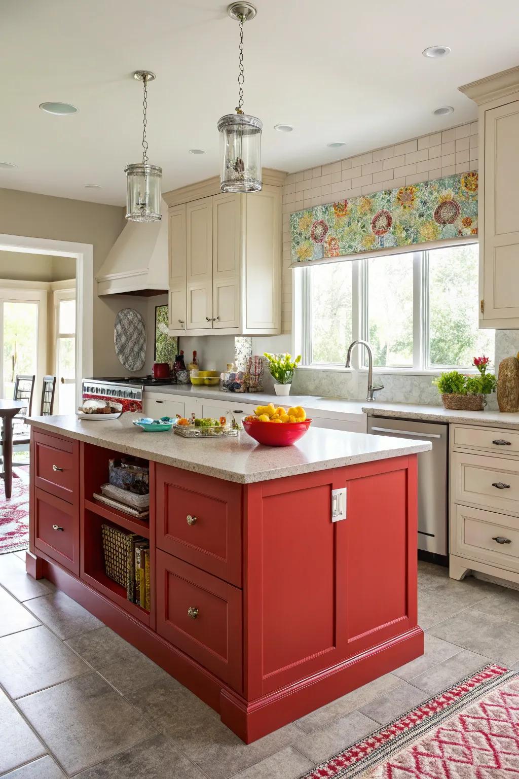 A vibrant rouge kitchen island stands out as an audacious centerpiece within this vibrant kitchen.