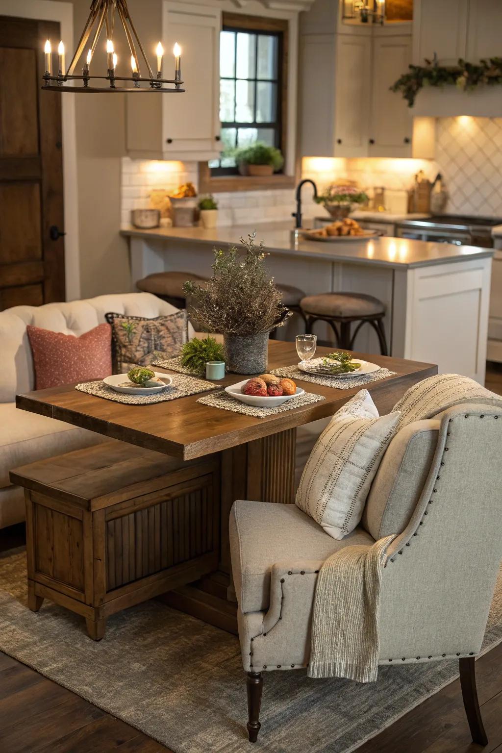 An island is transformed into a gathering place by a comfortable corner nook.