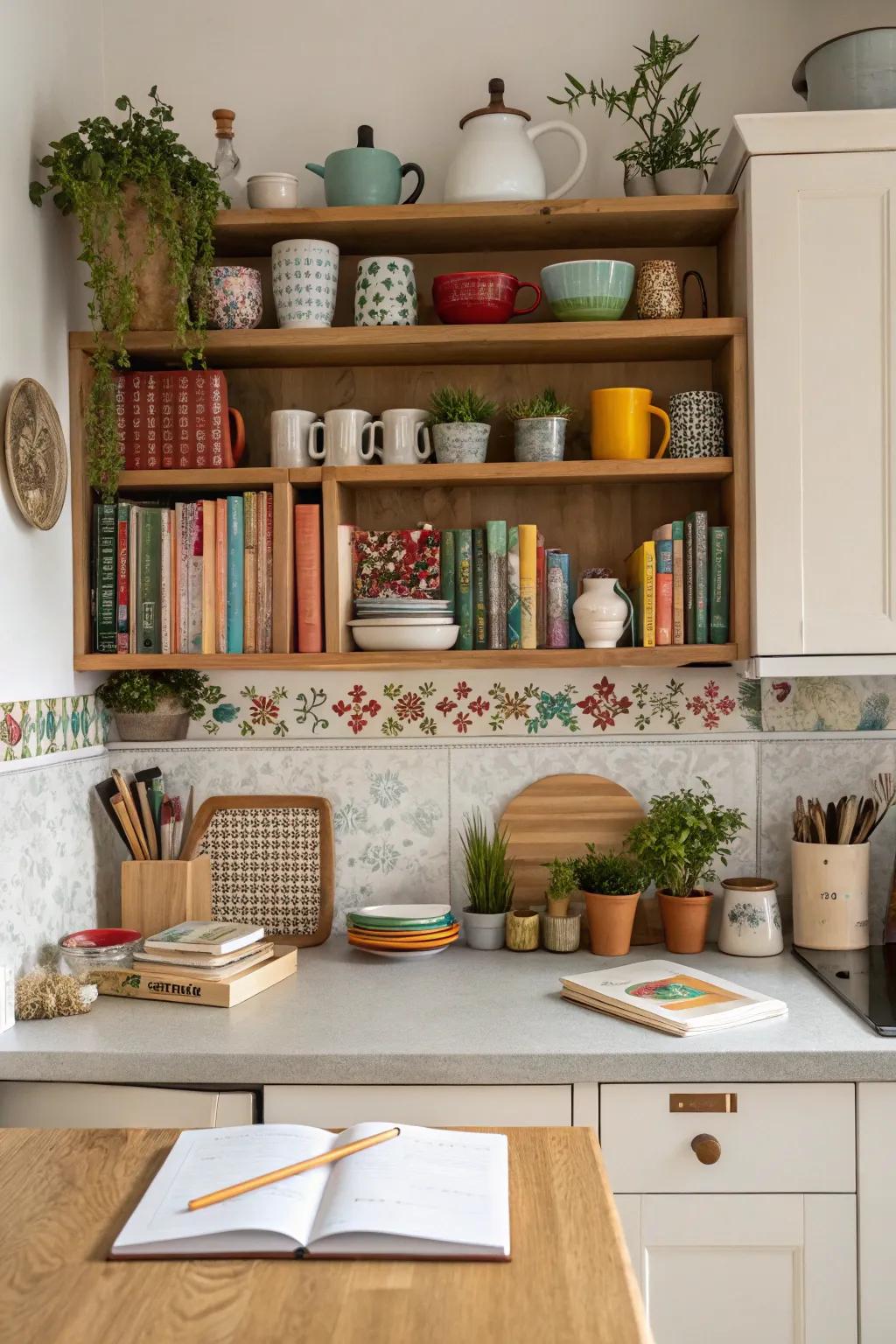 Open shelving offers both functional and decorative storage in a kitchen office.