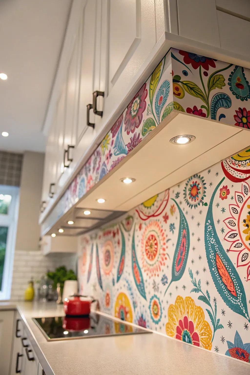 A soffit enhanced with patterned wallpaper, adding a playful and colorful element to the kitchen.