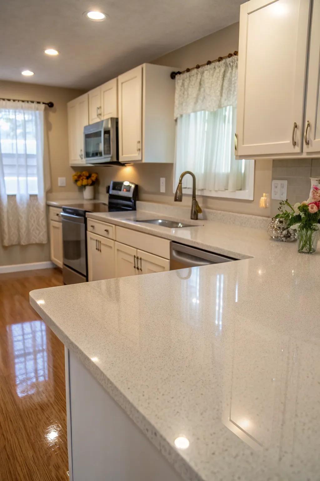 Light-colored quartz expanding a small kitchen’s feel.