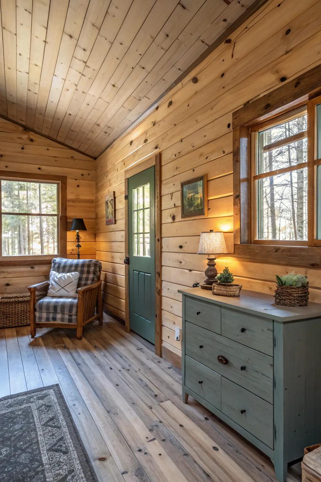 Painted sections adding a modern twist to pine paneling.