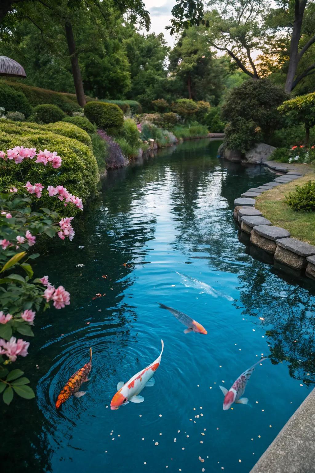 A koi pond with tinted water to create a soothing cooling effect.