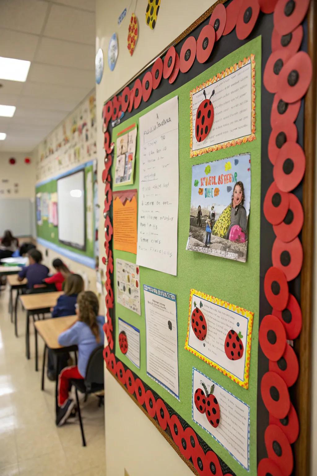 A playful ladybug border adding charm to any bulletin board.