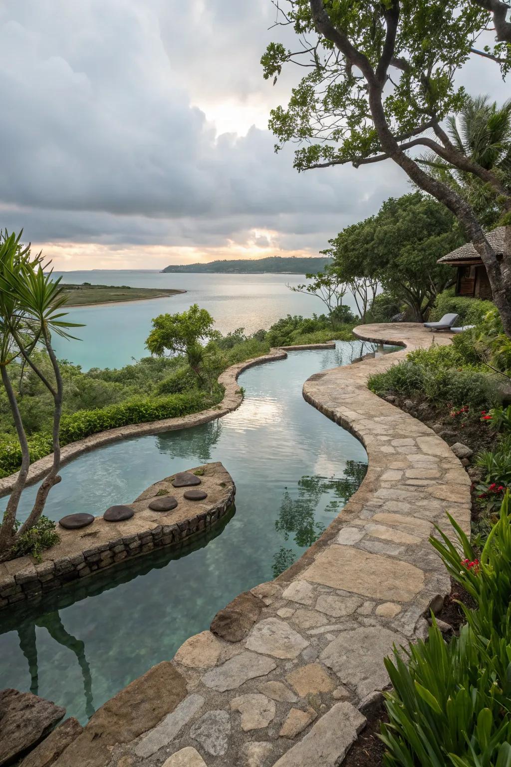 Inherent stone adds an earthy, timeless appeal to lagoon pools.