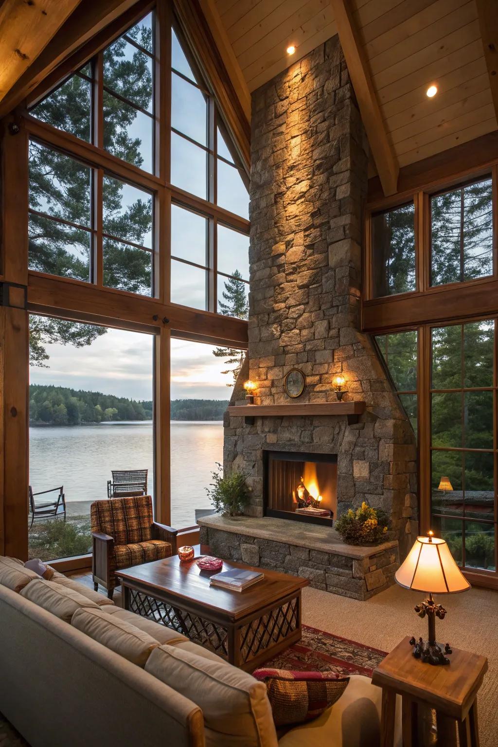 A statement fireplace functions as a gathering core.