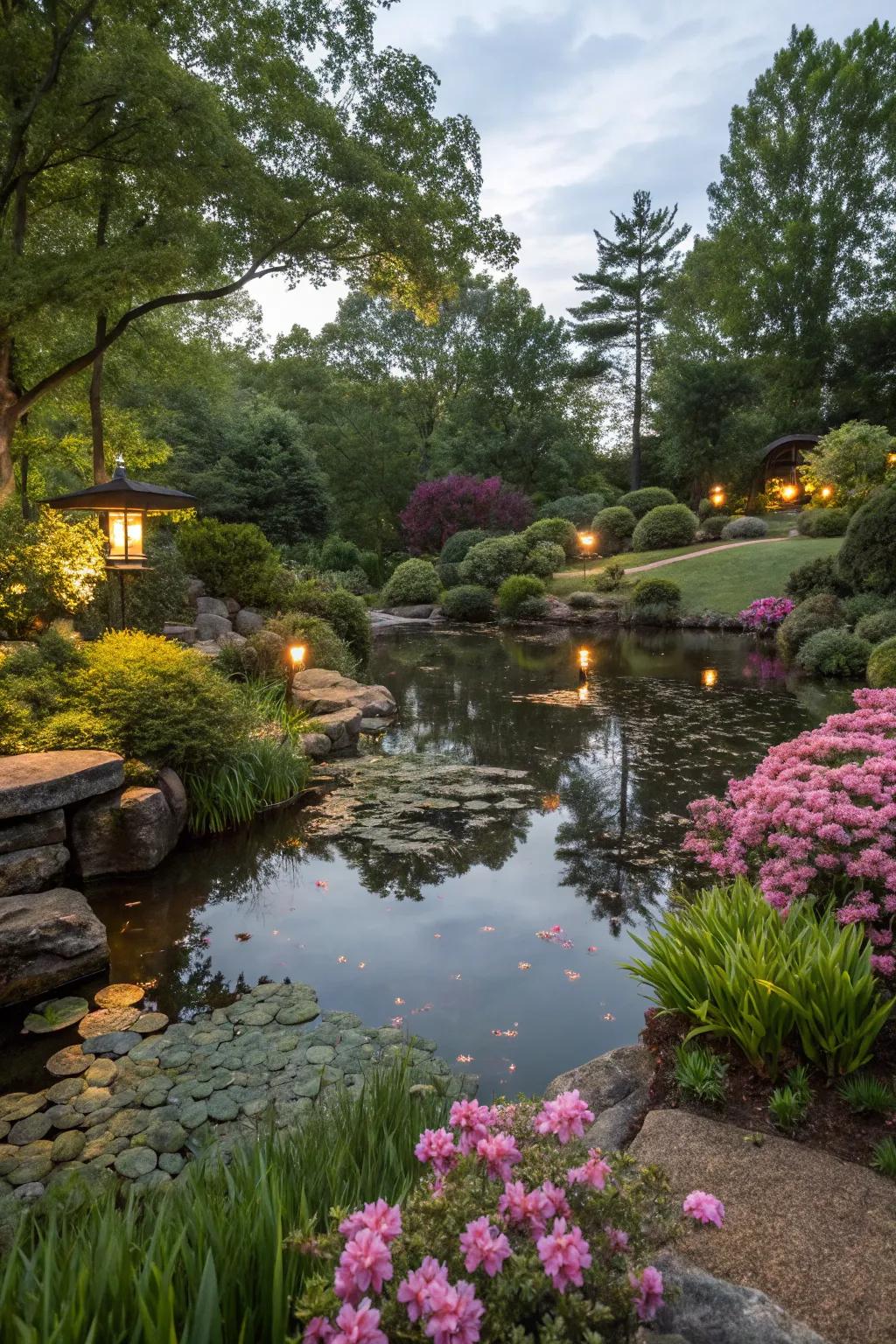 Lighting enhancing water features for magical nighttime displays.