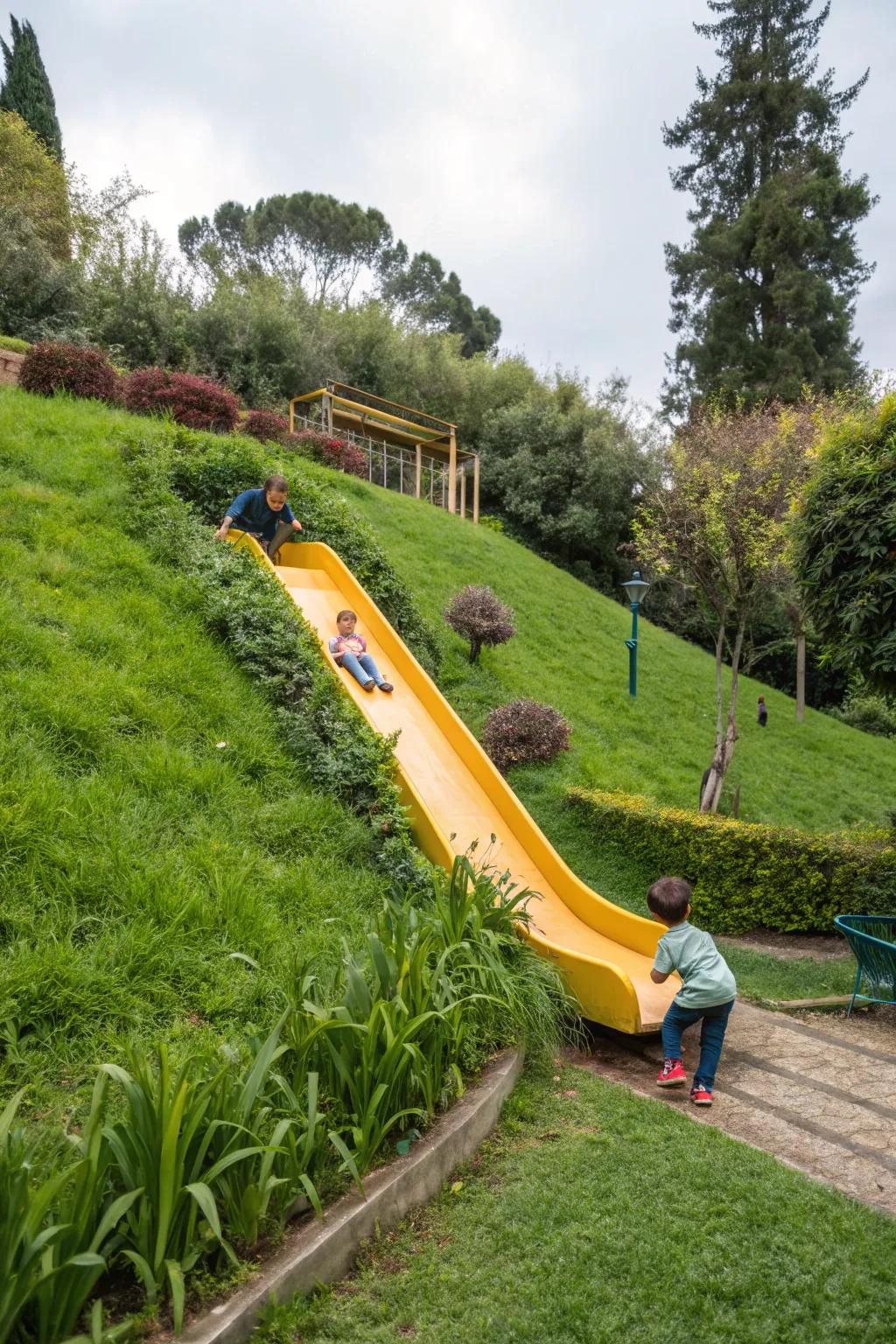 Slides add a playful and practical element to family-friendly sloping gardens.
