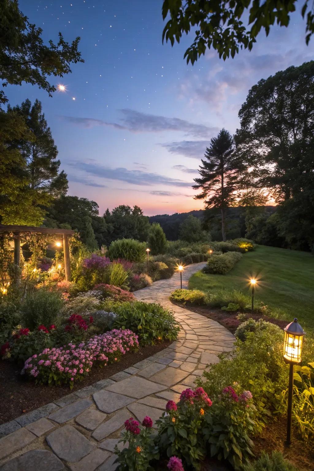 Garden lighting makes a magical evening feel.