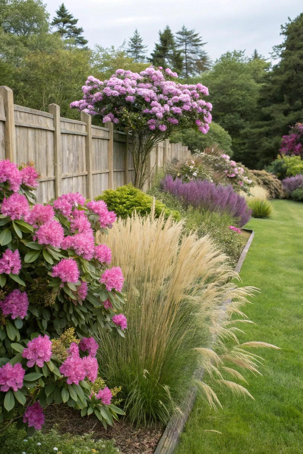 Rhododendrons and grasses supply texture and movement.