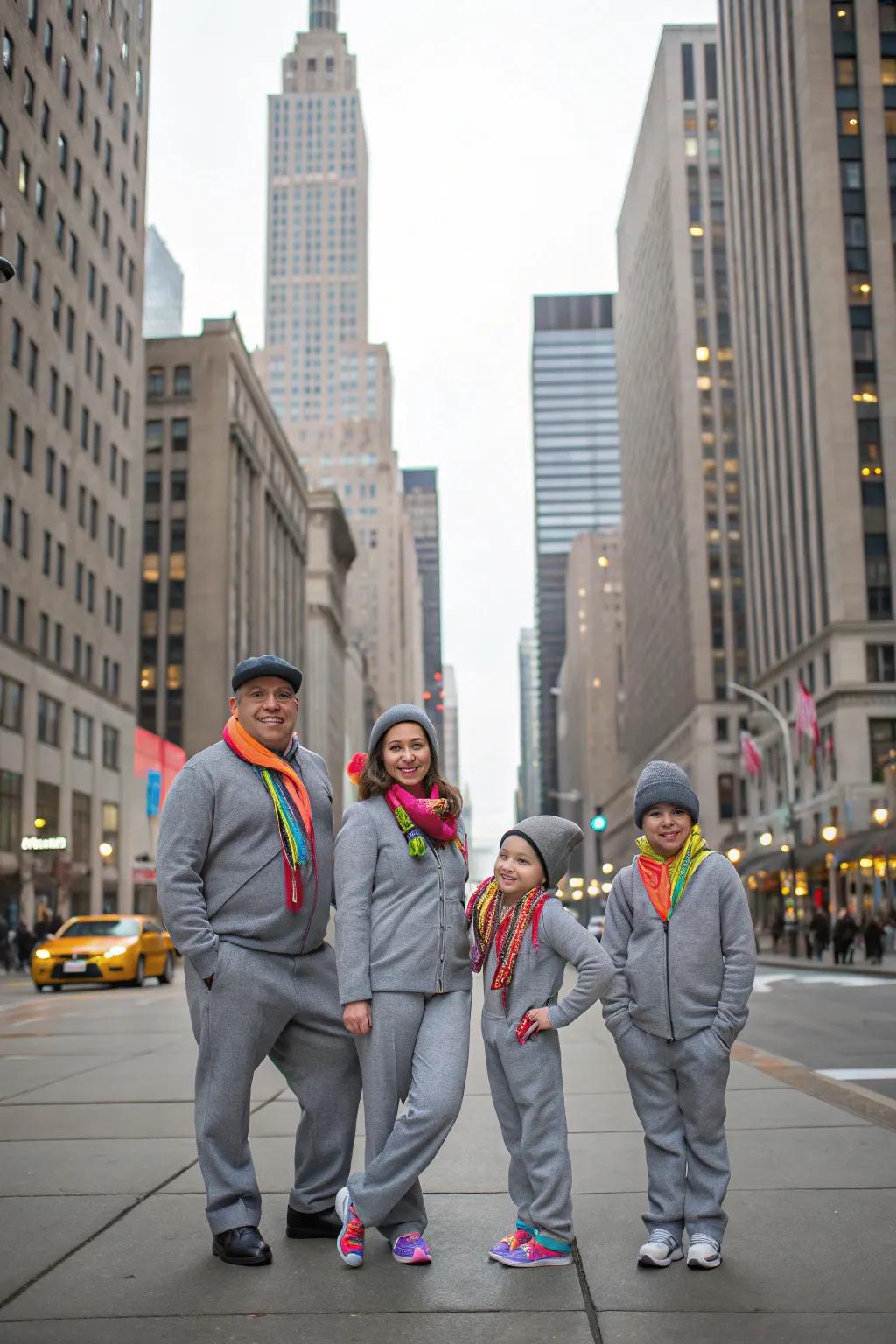 City stylish with grays and bright accents suits a city backdrop.