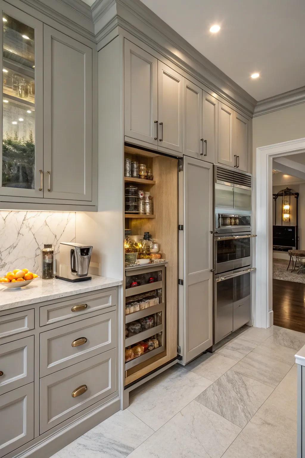 A kitchen with a secret food-prep area for seamless organization.