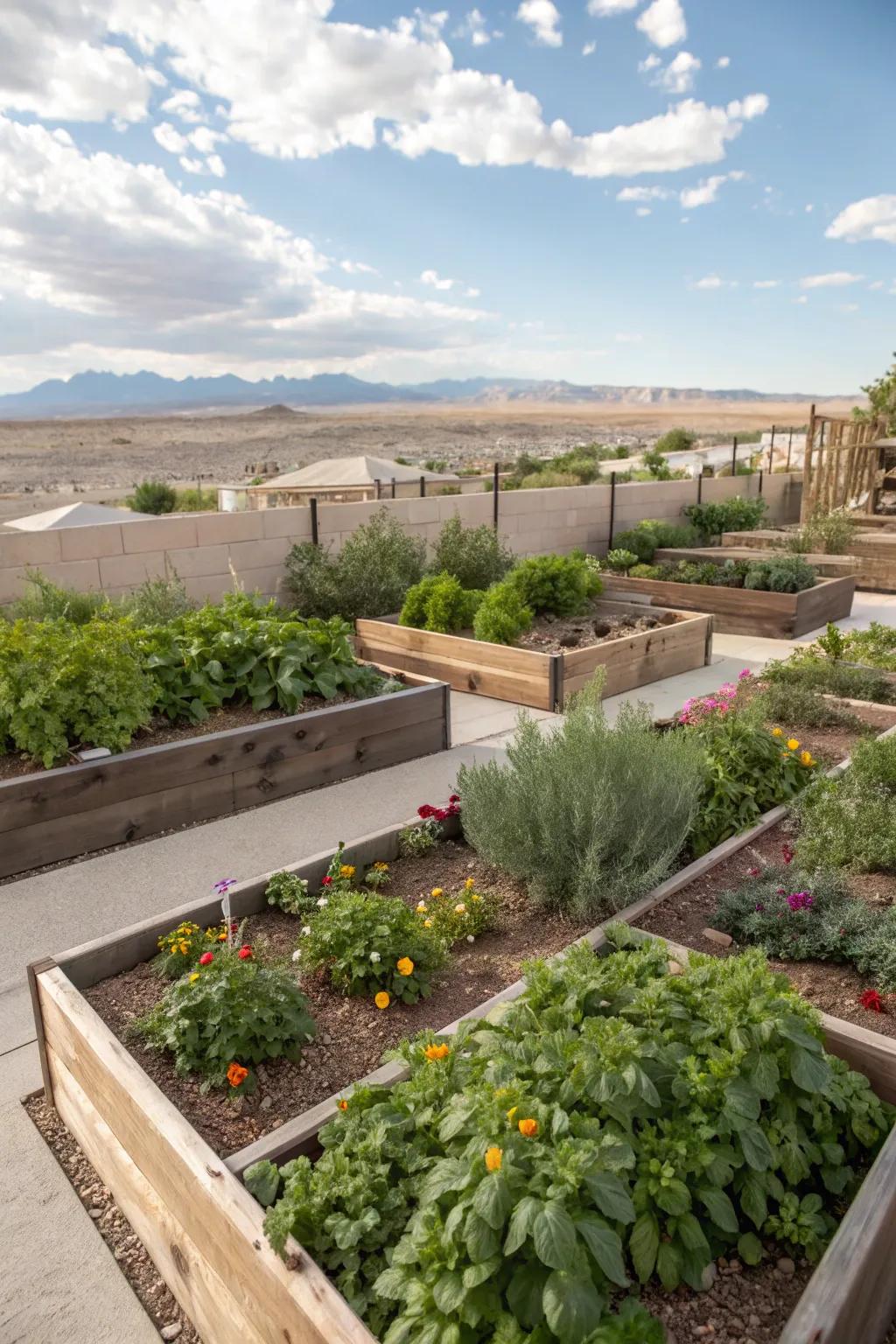 Raised beds with herbs in a Las Vegas backyard.