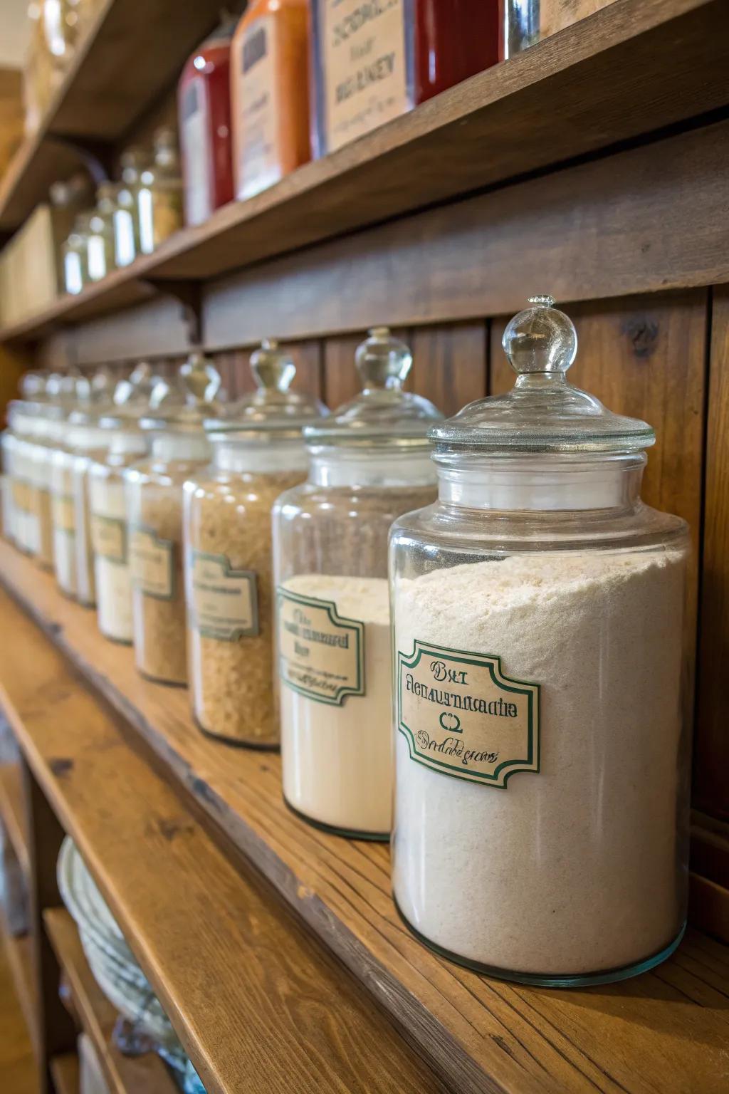Vintage drugstore jars impart charm and nostalgia to your laundry arrangement.