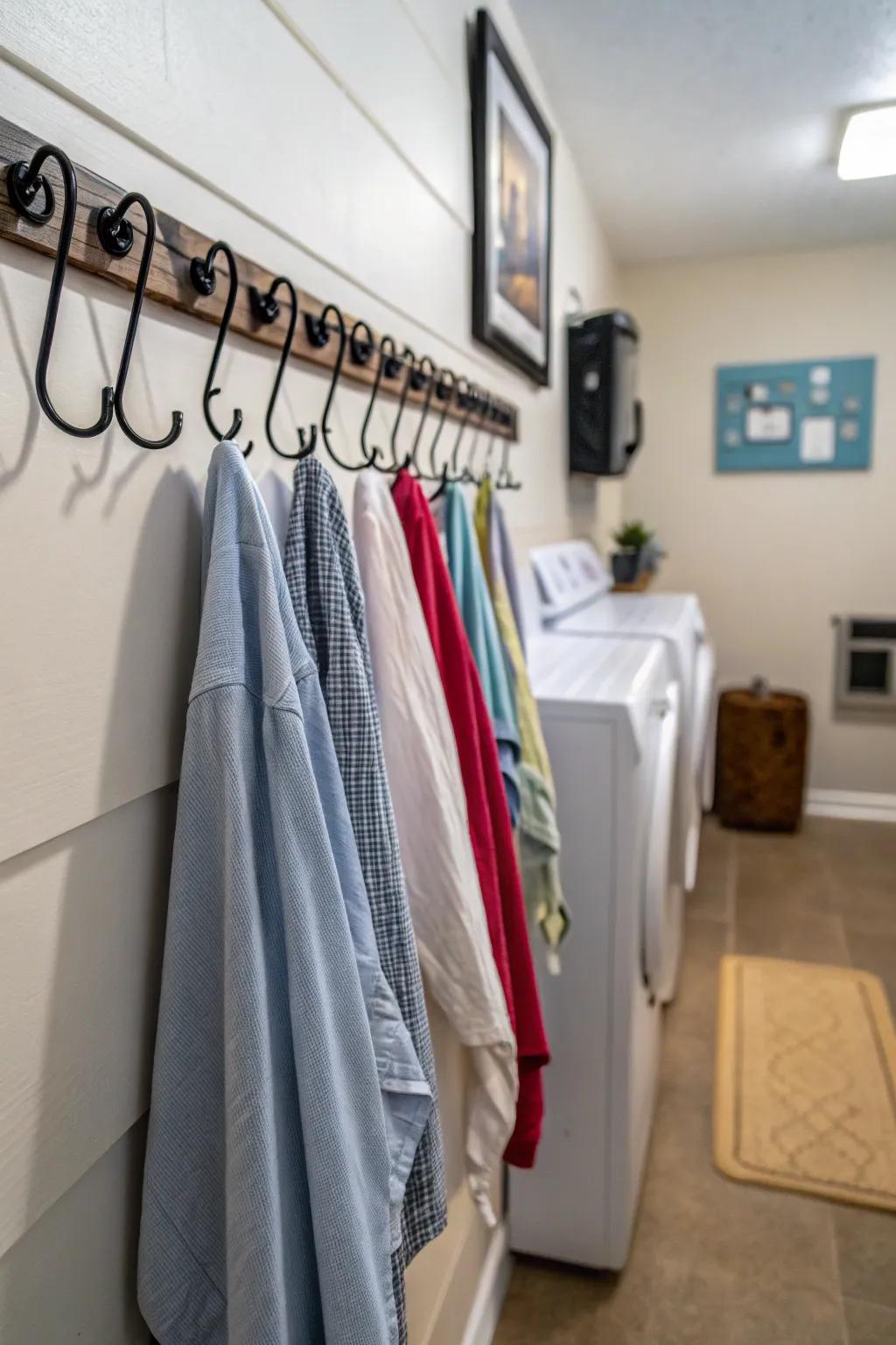 Compact wall hooks keep the space uncluttered.