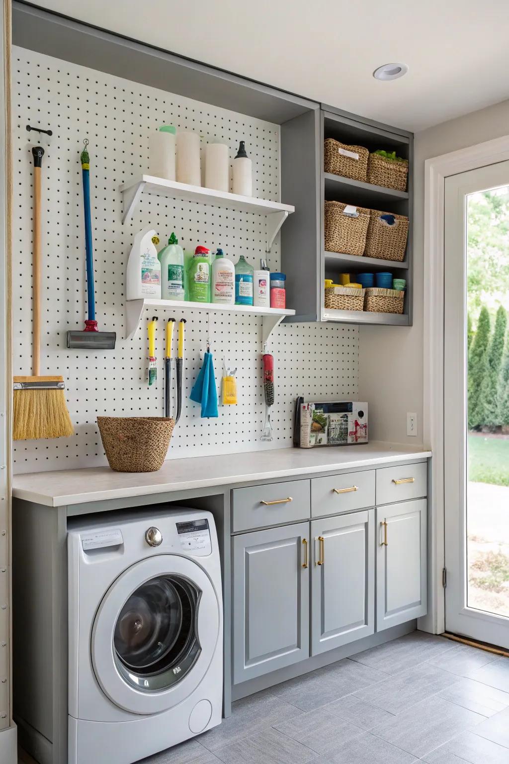 A pegboard provides flexible and versatile storage.