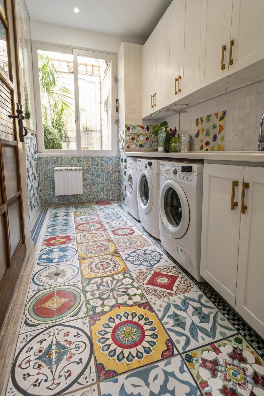 Tile compositions bring unique stories to the laundry room floor.