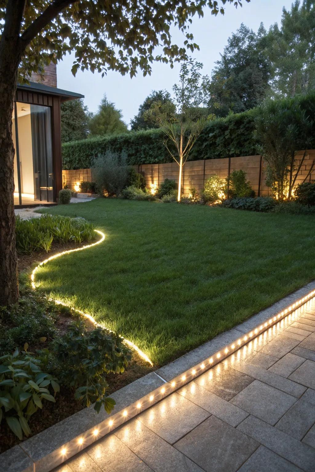 Elegantly framed lawns featuring LED strip lighting.