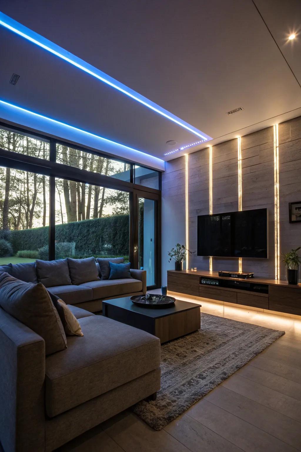 Striking design achieved with floor-to-ceiling LED light strips.