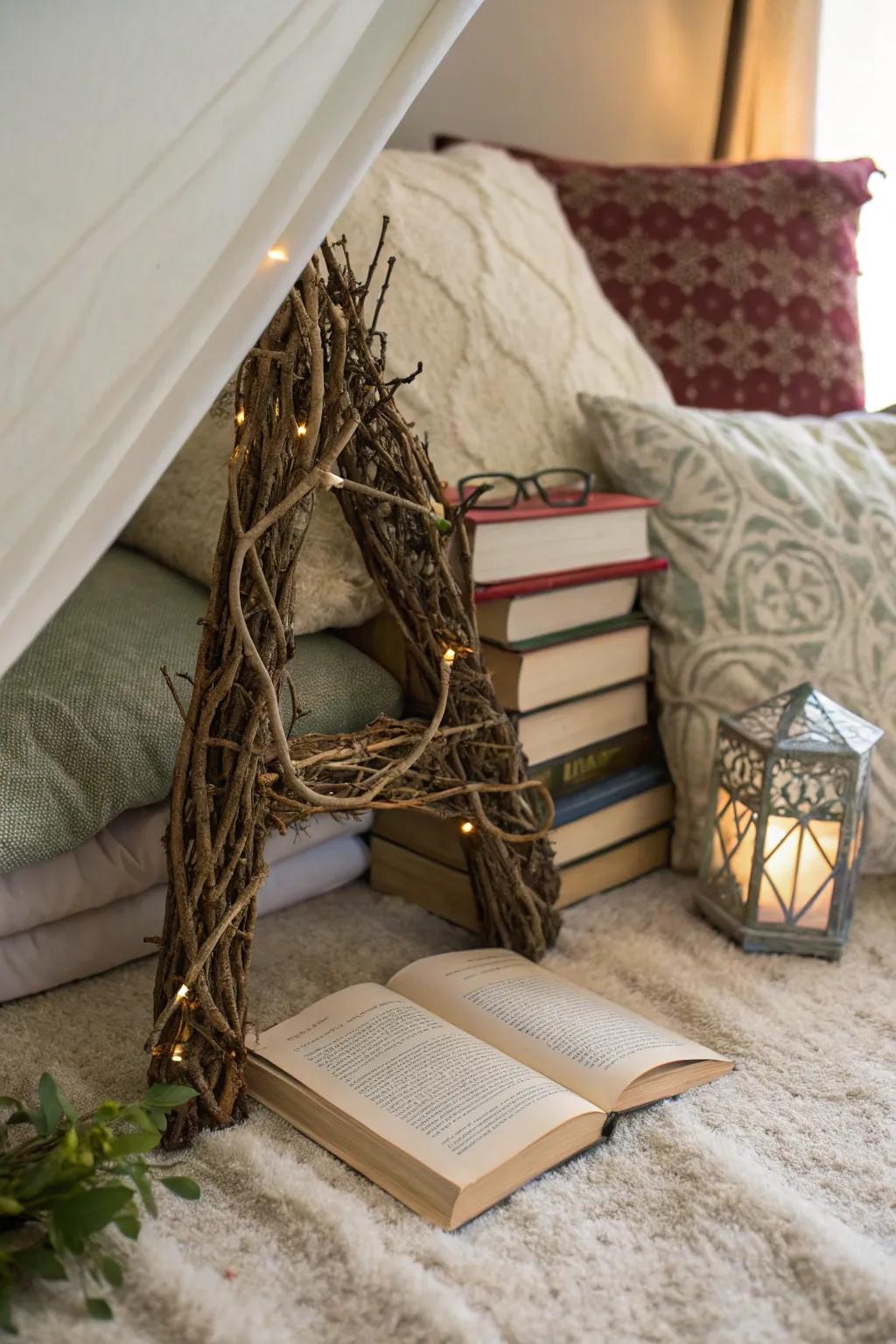 A nature-inspired letter decorated with twigs.