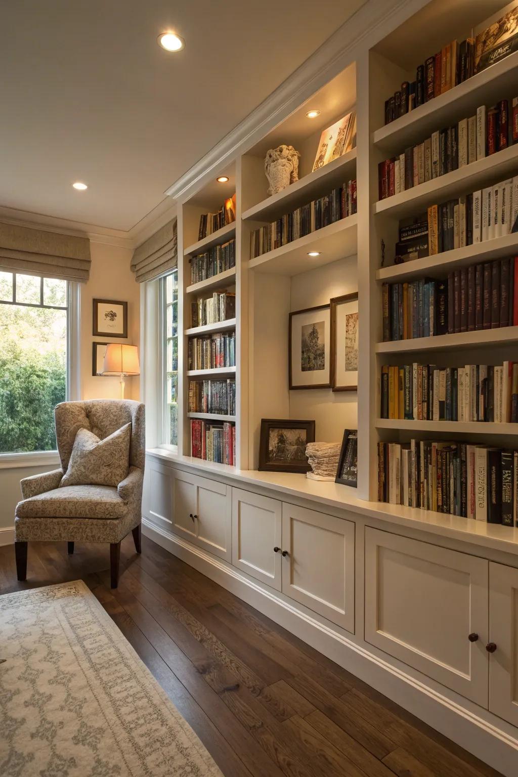 Integrated shelves providing a smooth, unified library design.