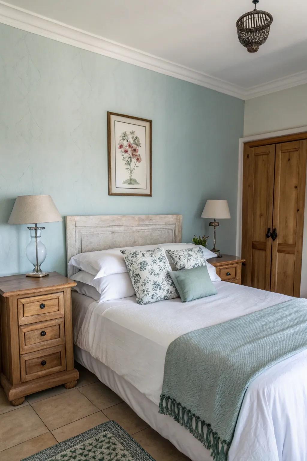 An elegant bedroom with pale blue walls and minimal décor for a clean look.
