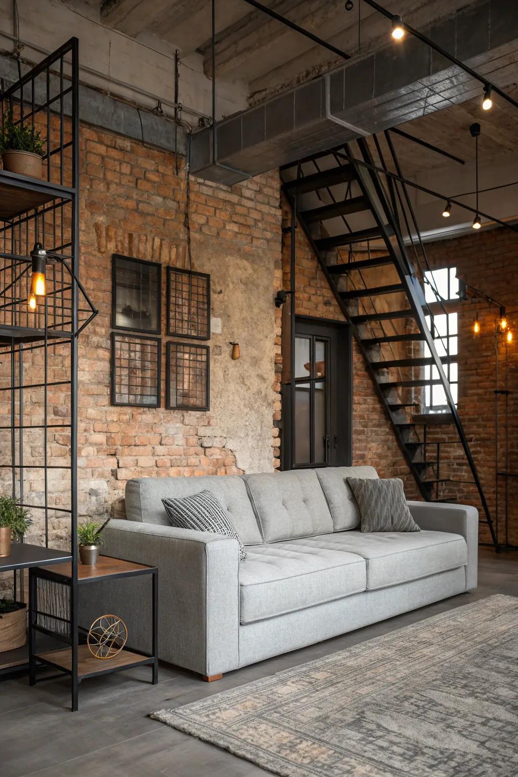 Industrial elements add urban chic to a pale stone sofa setting.