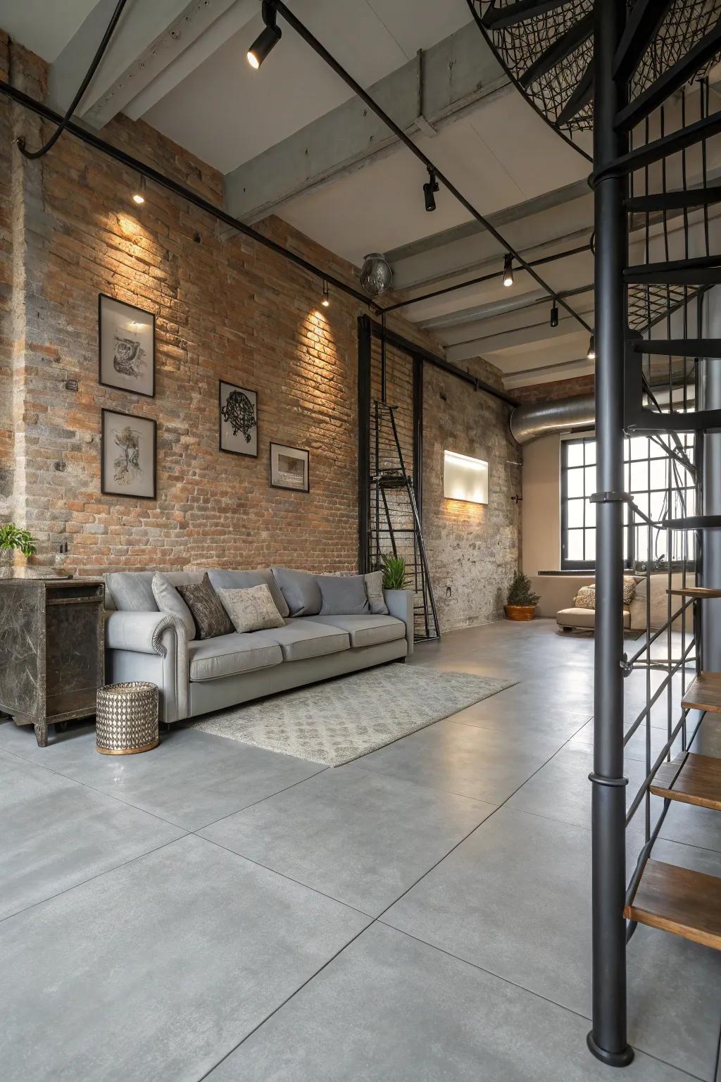 An edgy industrial living area with light grey flooring.