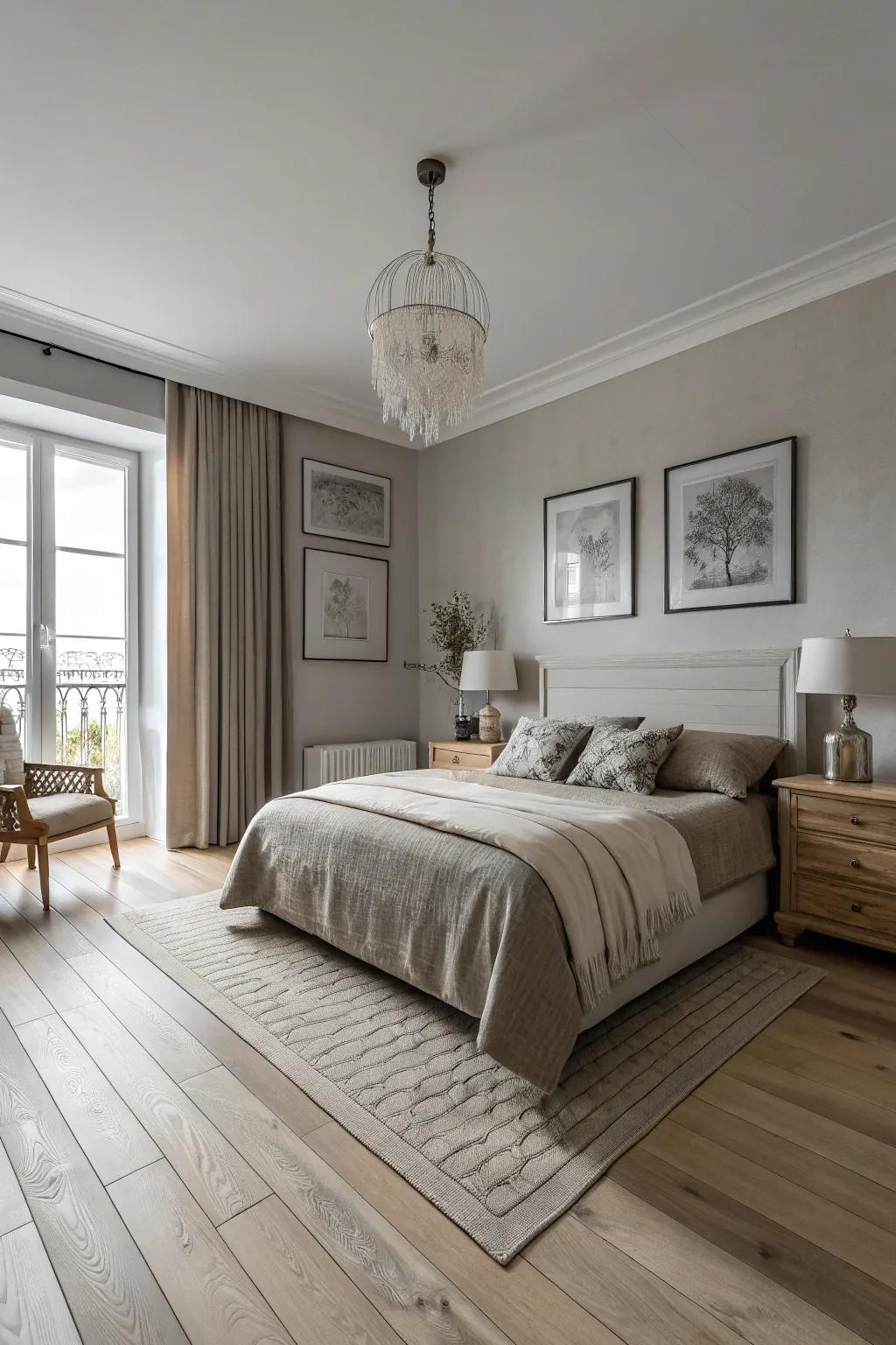 A monochromatic scheme enhancing the elegance of pale timber flooring.