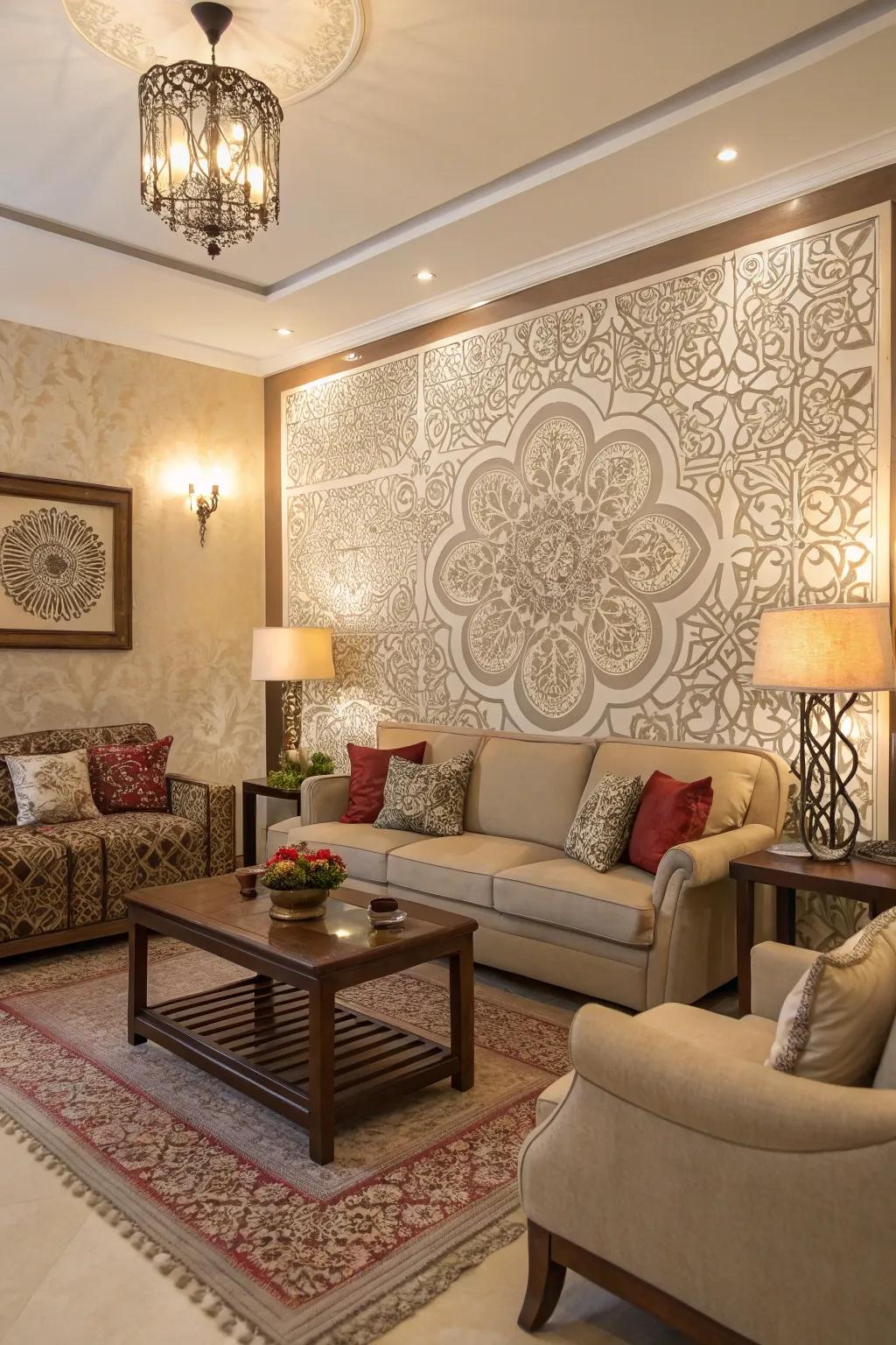 Stenciled patterns on the feature wall add a personal artistic touch.