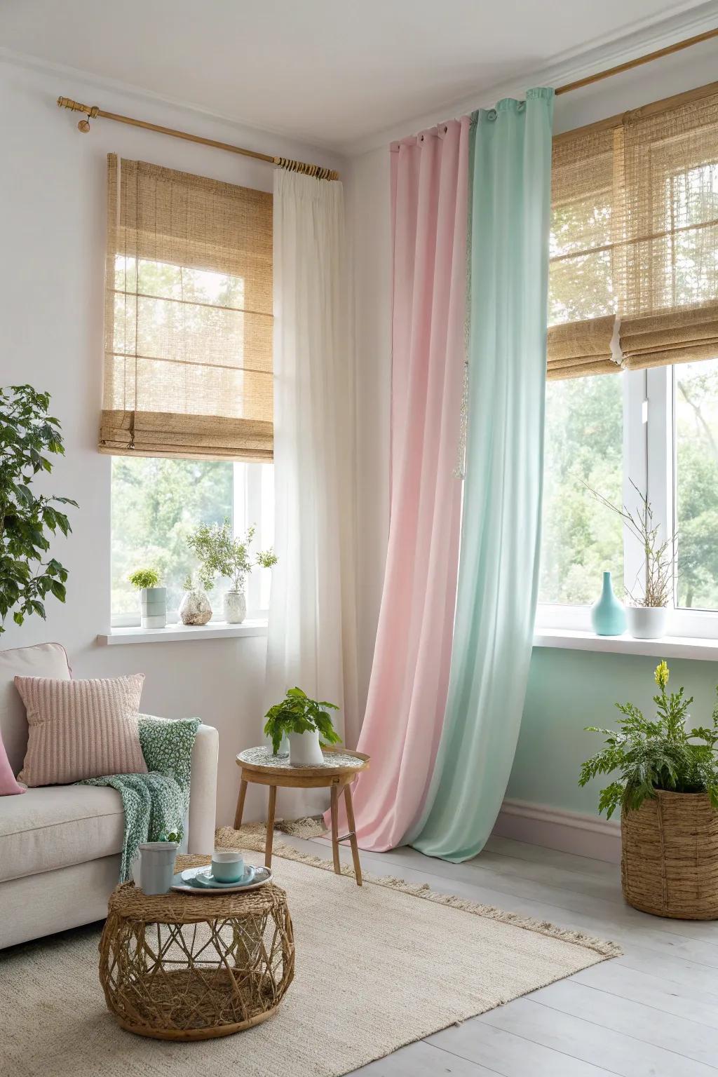 Pastel drapes paired with cane shades create a fresh ambiance.