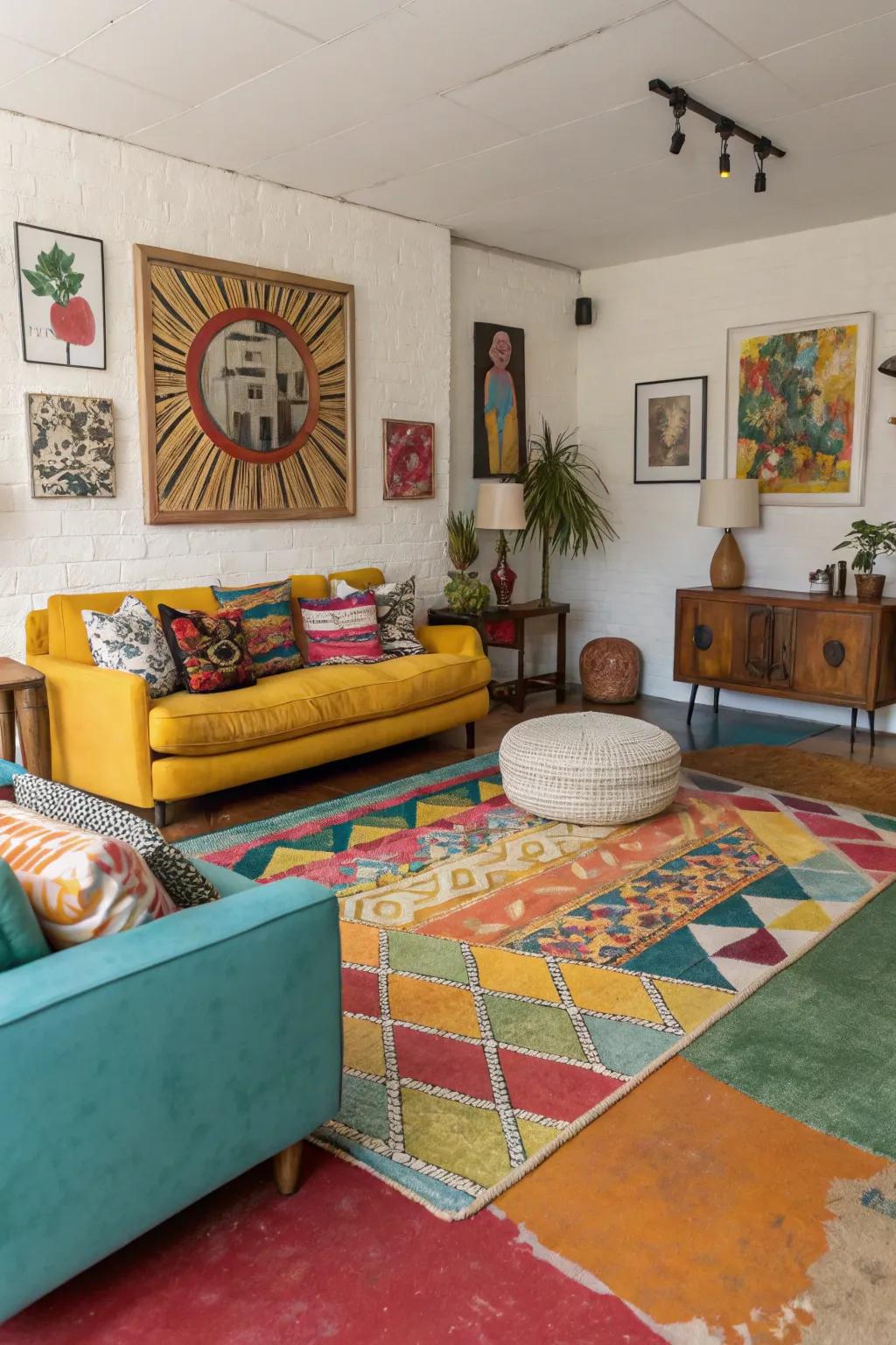 Colorful cement tints add a unique, vibrant touch to modern living rooms.