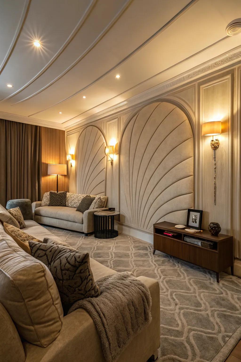 Curved panels soften the room's sharp angles, creating a welcoming atmosphere.