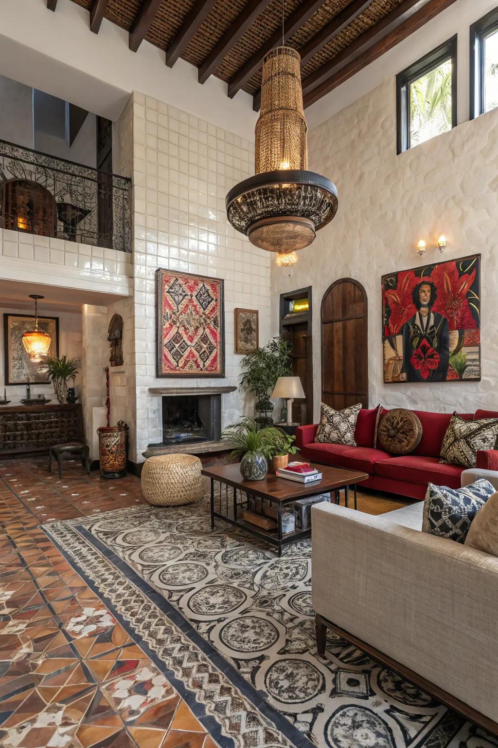 Dramatic living area with a mixed-size tile design.