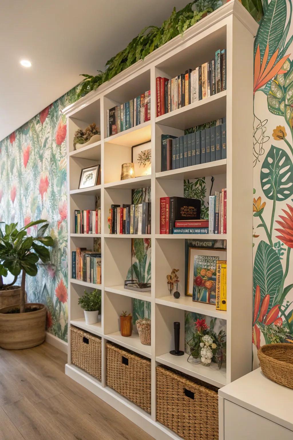 Employing decorative paper enlivens bookshelves with a surge of style and color.